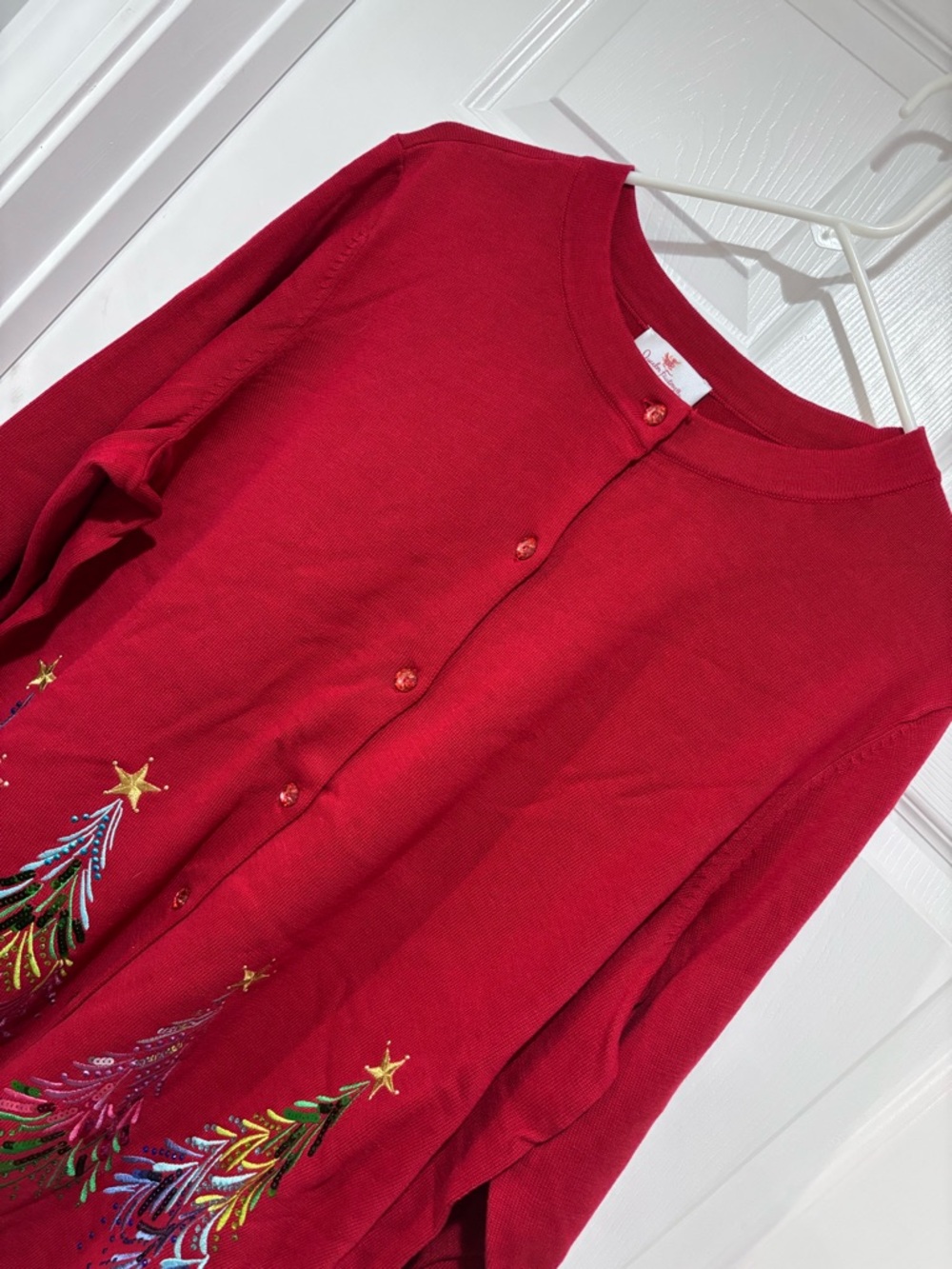 QUACKER FACTORY NWT Red Embellished Christmas Tree Knit Button Up Cardigan
